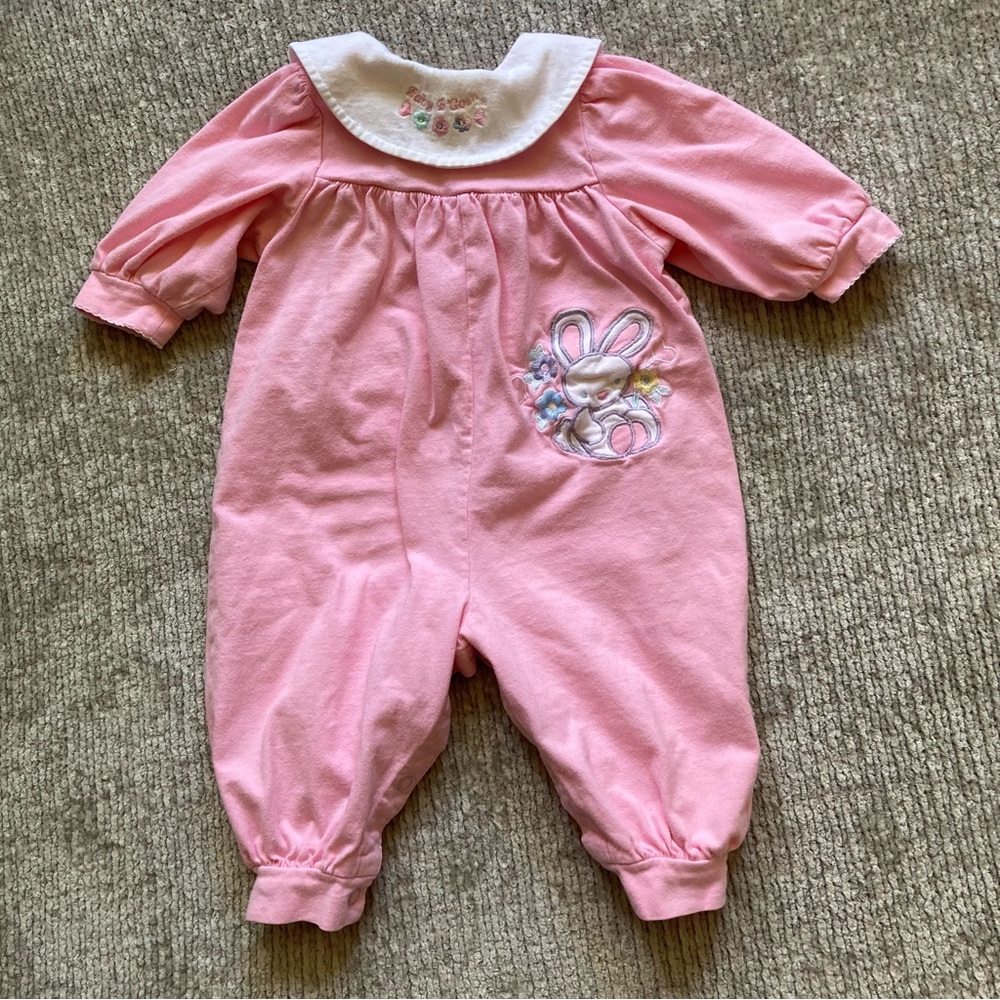 Vintage Baby B'Gosh Pink Bunny Romper 6-9M Embroidered Cotton 80s 90s Retro